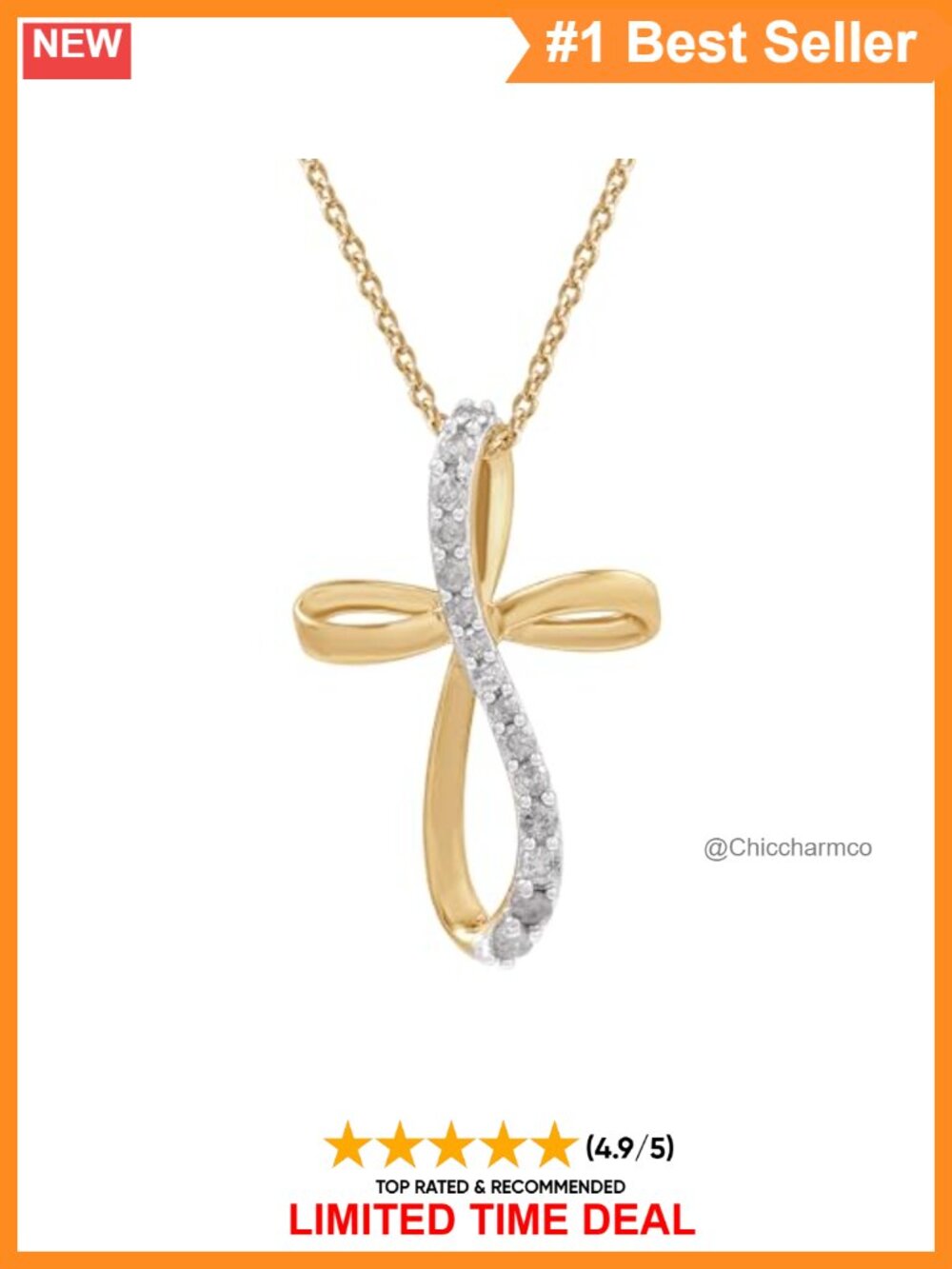 10K Gold Plated Twist Cross Pendant Necklace 1/4 Ct Diamond 18"